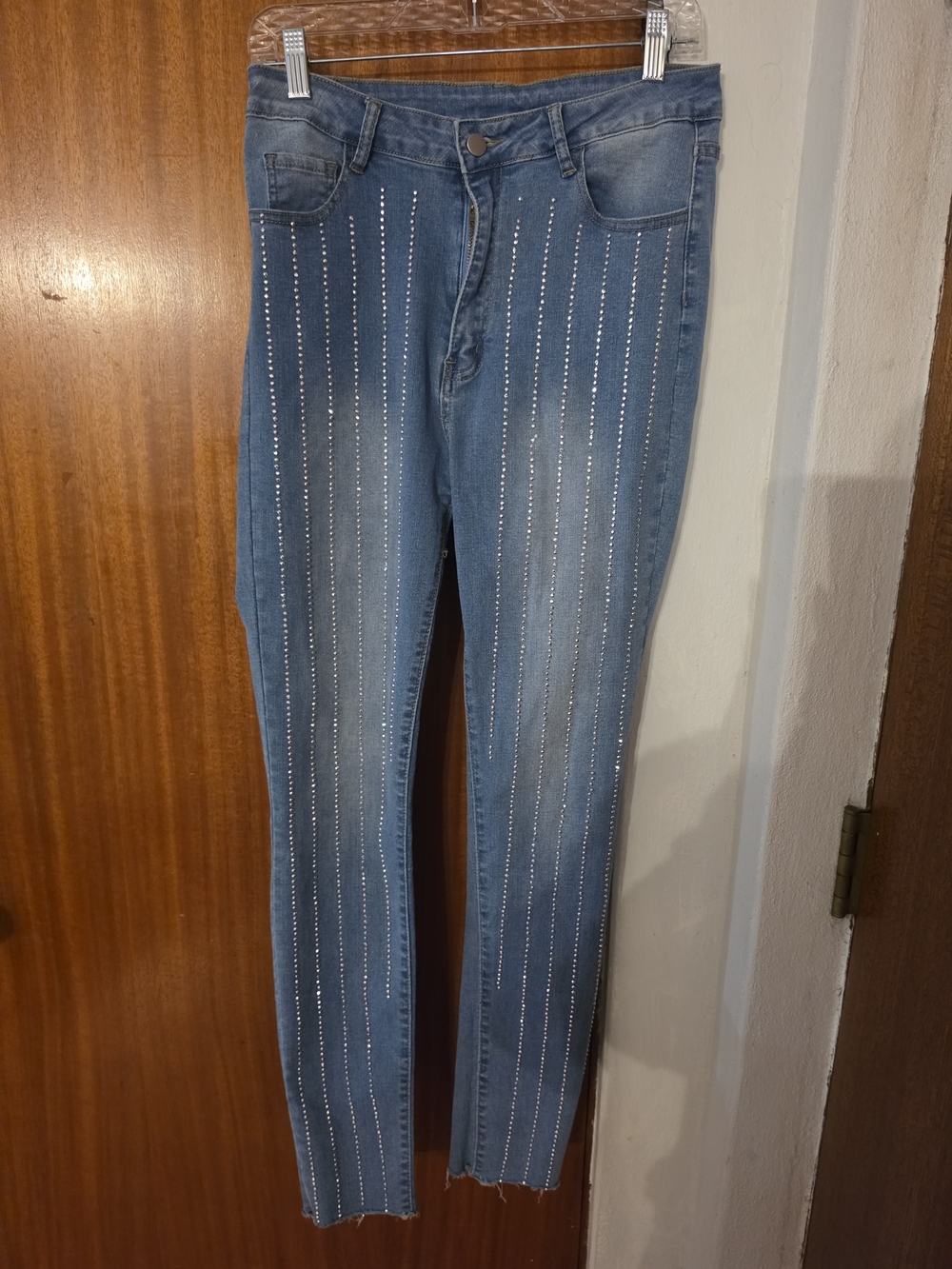 SHEIN Blue Bootcut Jeans with Vertical Rhinestone Stripes